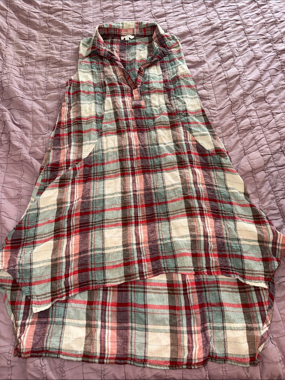 Umgee Red, Cream & Teal Plaid Sleeveless Chemise